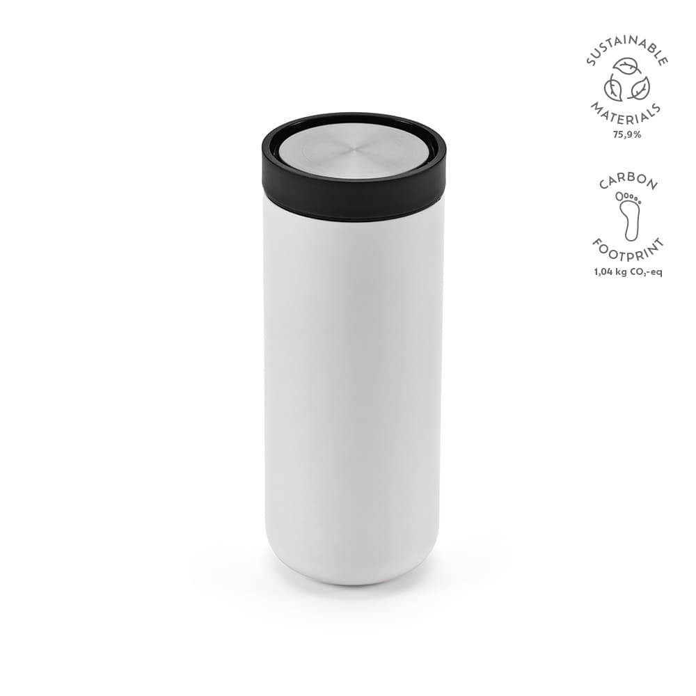 A drink bottle in white with a black lid, featuring a sleek design and a logo. 