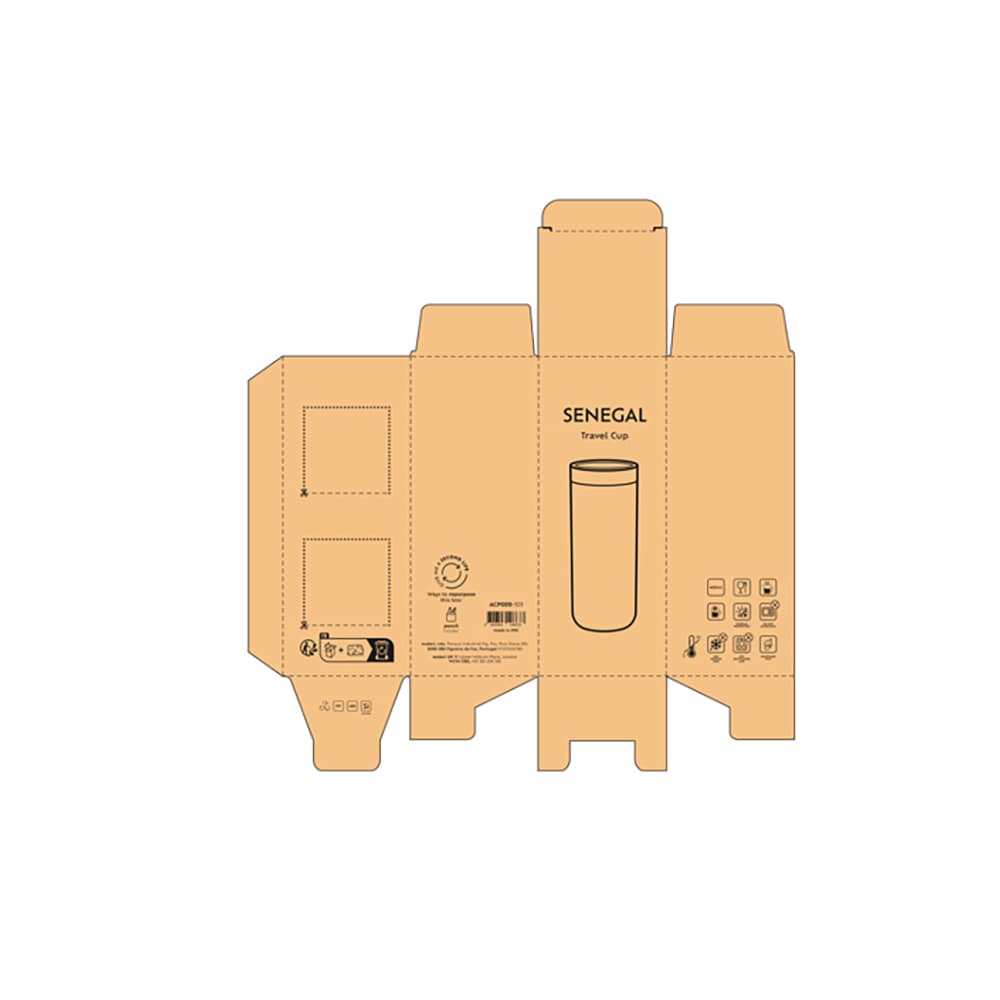 A drink bottle packaging design for the Senegal Travel Cup, featuring a double wall and 360º push lid, in a cardboard format.