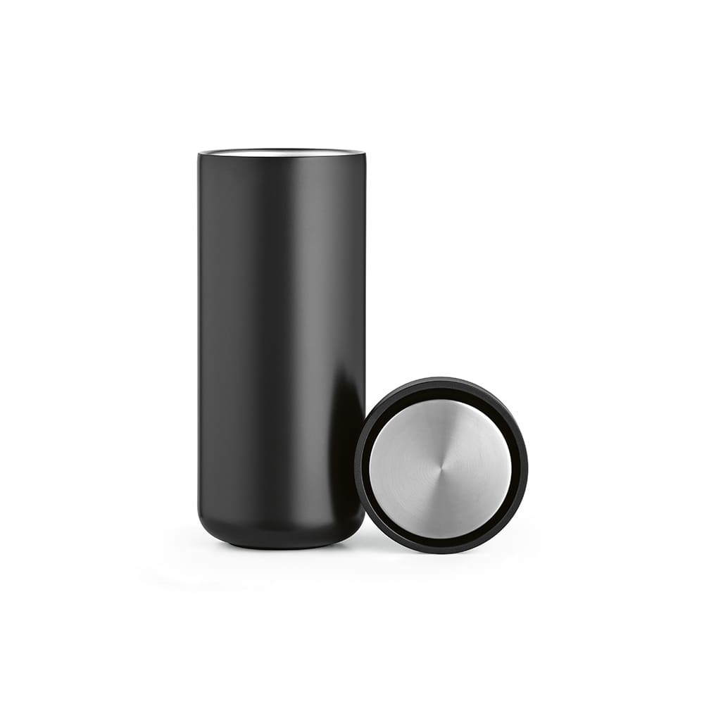 A drink bottle in matte black with a stainless steel bottom and a 360º push lid. Includes a logo.