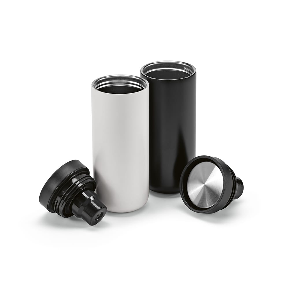 A drink bottle set featuring a white and a black double wall design with a 360º push lid. Includes a removable lid.