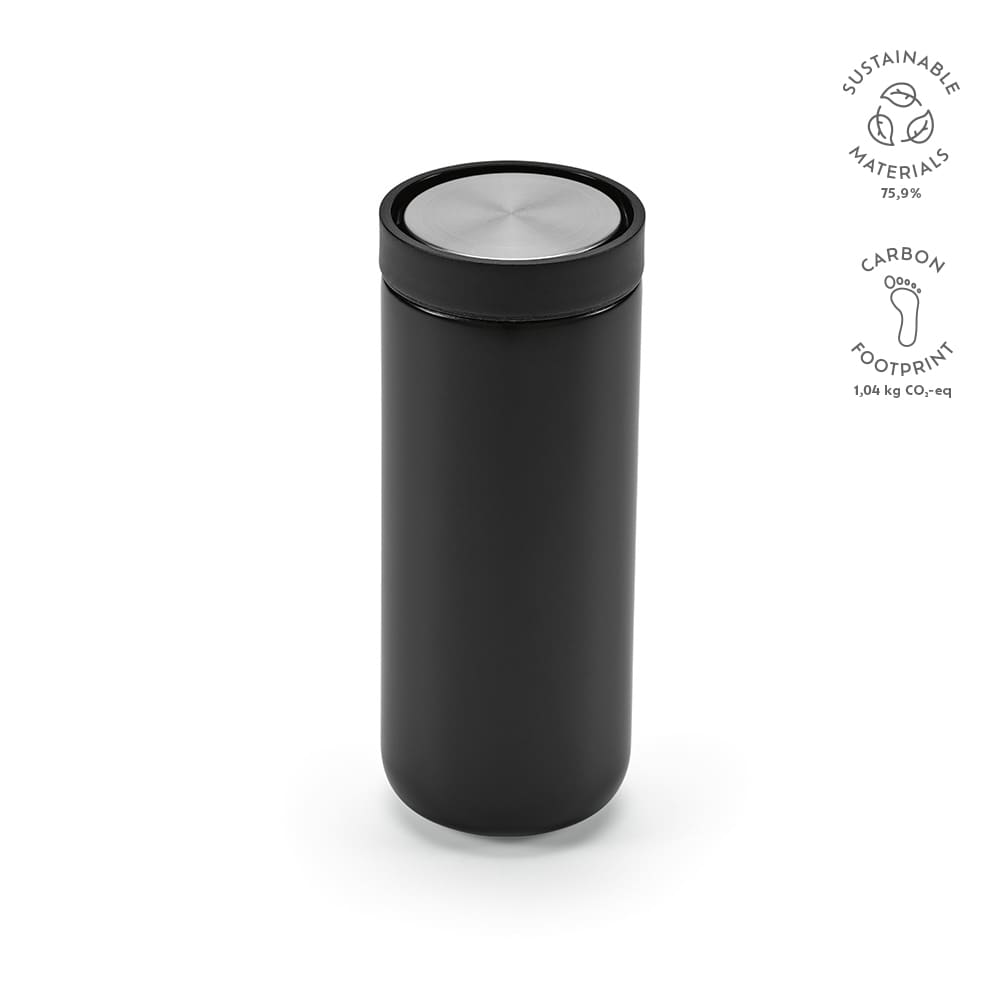 A drink bottle with a sleek black design, double wall insulation, and a 360º push lid. Features a logo.