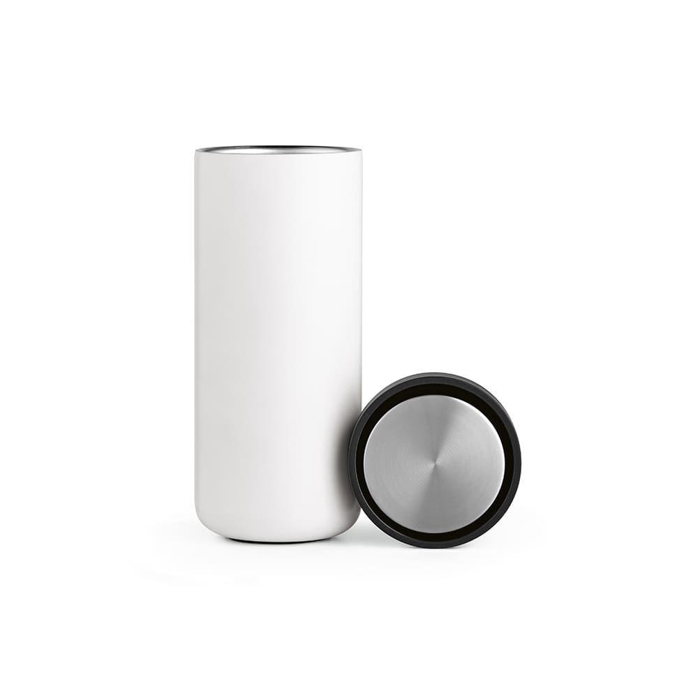 A drink bottle with a sleek white exterior, double wall design, and a black, stainless steel push lid.