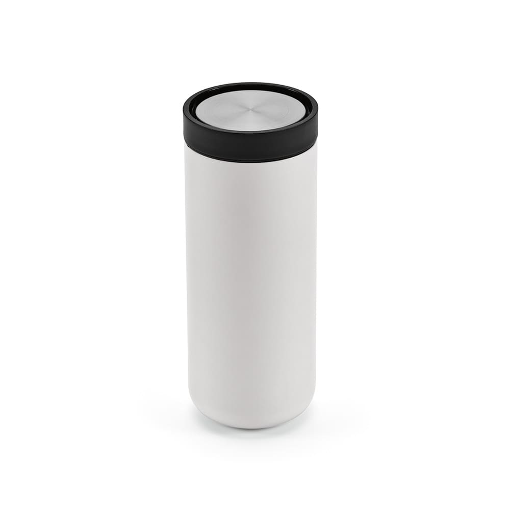A drink bottle featuring a double wall design, 400ml capacity, and black push lid, in a white finish with a logo.