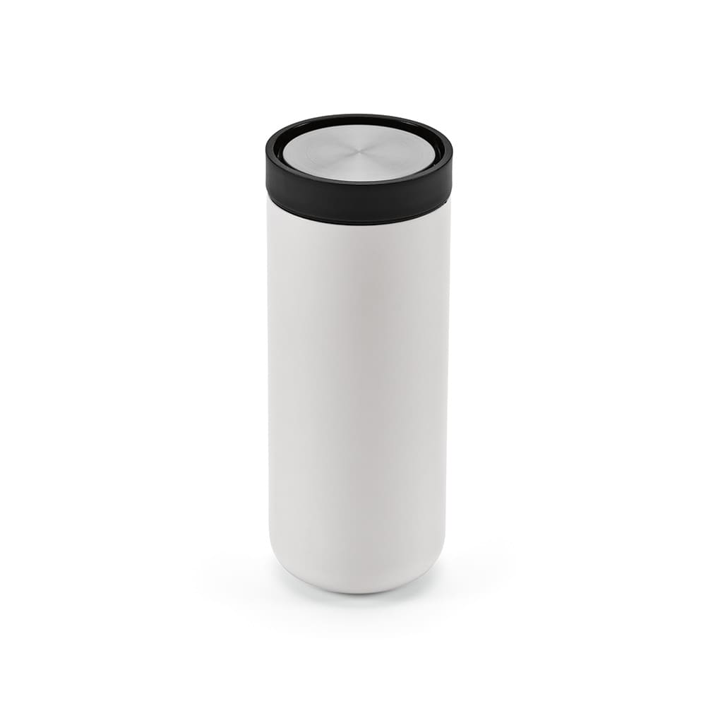 A drink bottle in white with a black lid, featuring a double wall and a 360º push lid, includes branding.