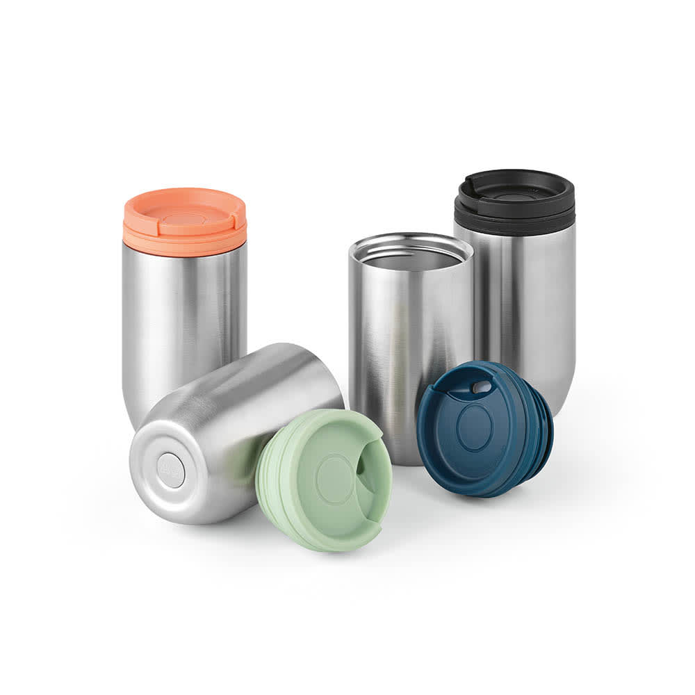 A drink bottle collection featuring stainless steel cups in silver, with coloured lids in orange, black, teal, and green.