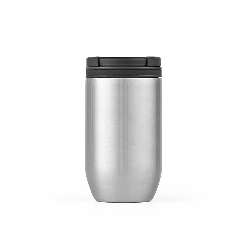A drink bottle with a sleek stainless steel finish, featuring a black lid and double-wall design.