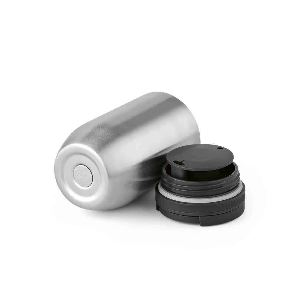 A drink bottle with a stainless steel body, featuring a black, leakproof lid and a logo on the base.