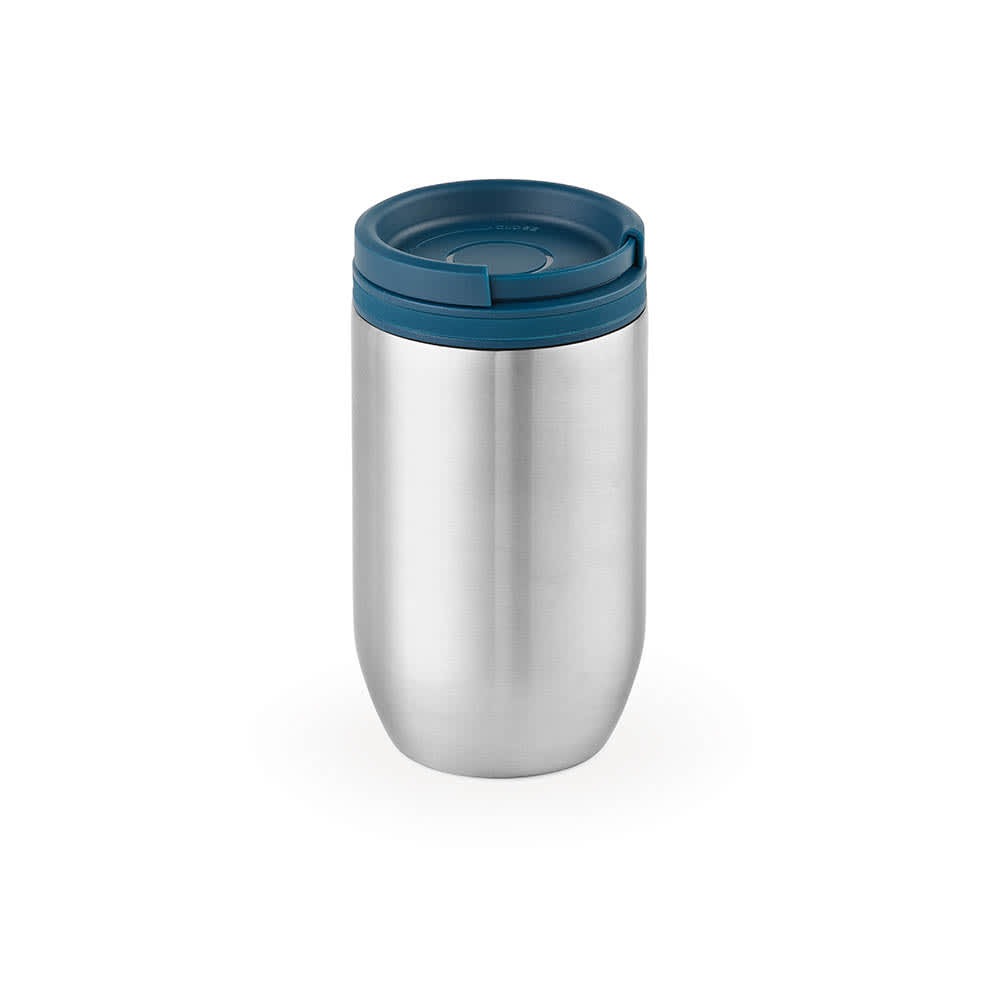 A drink bottle with a sleek stainless steel body and a blue lid, featuring a double wall and leakproof design.