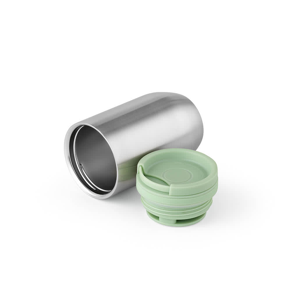 A drink bottle made of stainless steel with a mint green leakproof lid. It features a double-wall design.