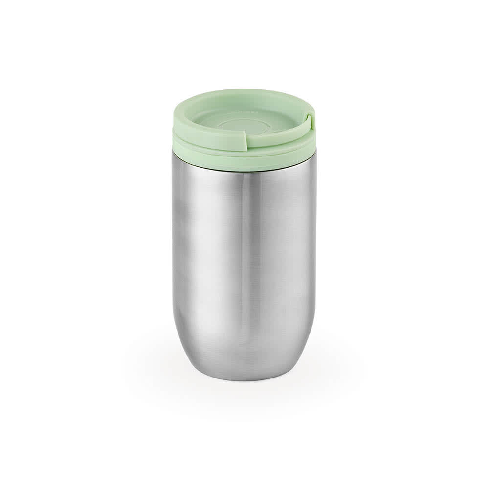 A drink bottle featuring a stainless steel body with a light green lid. It has a double wall and is leakproof.