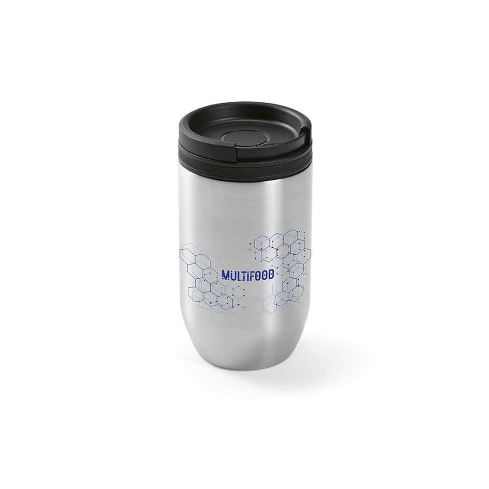 A drink bottle made of stainless steel with a black lid, featuring a geometric design and a logo.