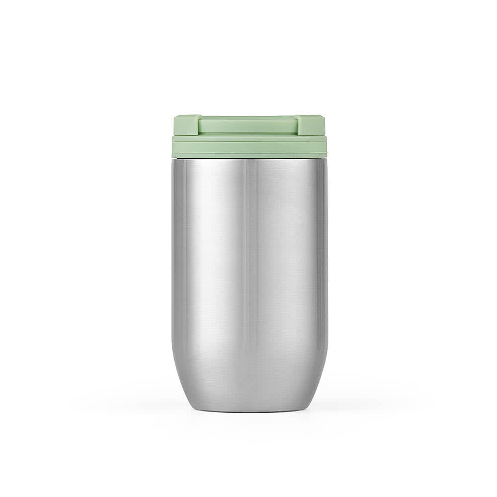 A stainless steel travel cup with a mint green lid, featuring double wall insulation and a leakproof design.