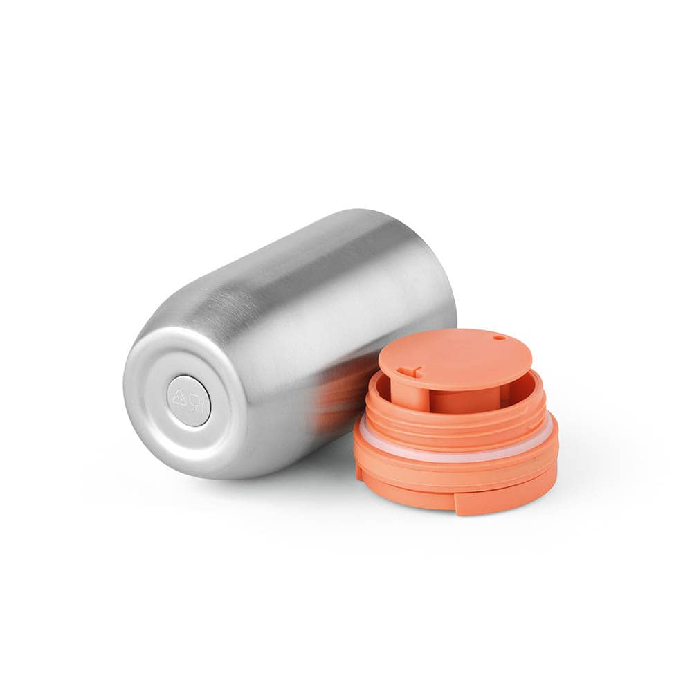 A drink bottle with a silver stainless steel body and an orange leakproof lid. It features a branding logo.