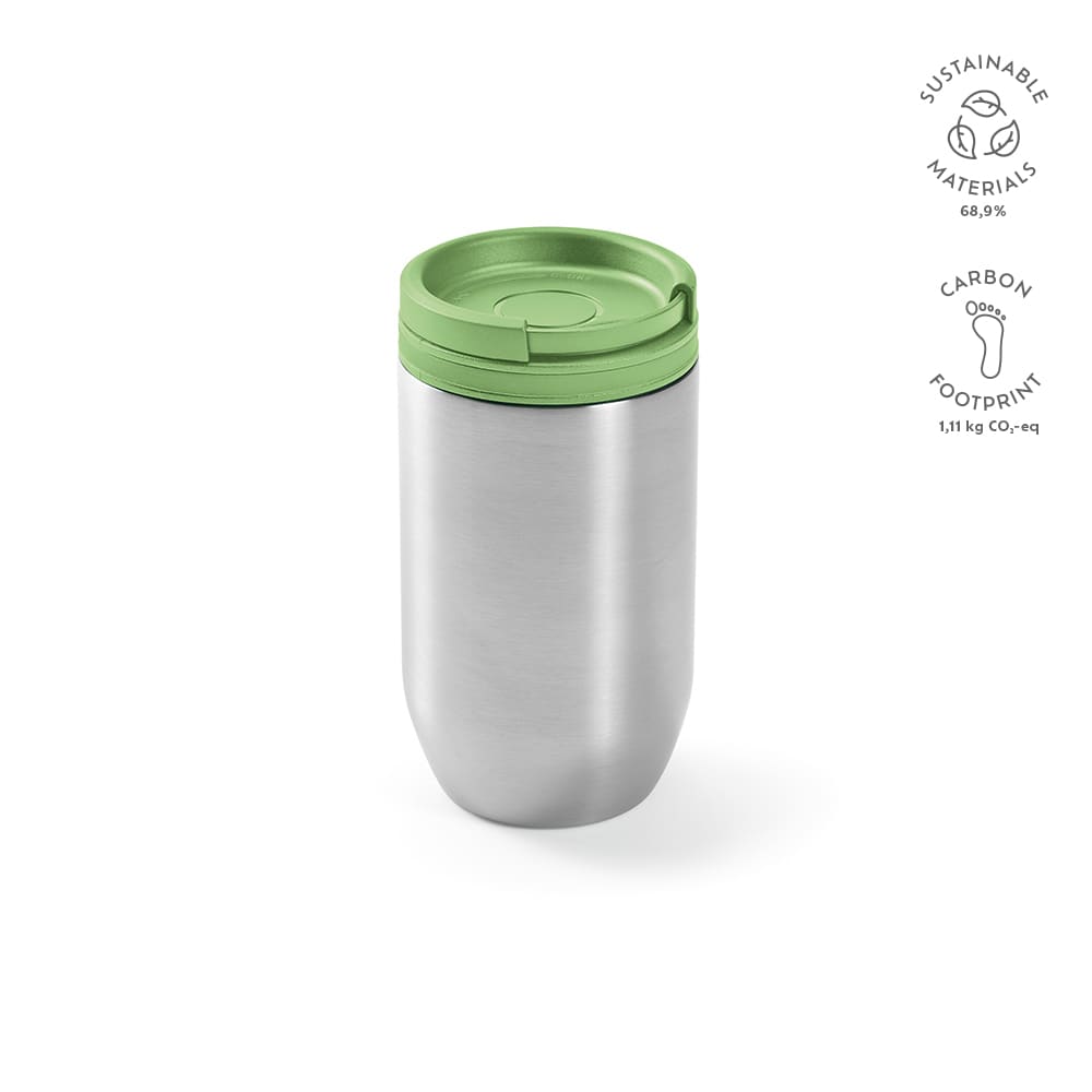 A drink bottle made of stainless steel with a green lid, featuring a logo, and designed for sustainability.