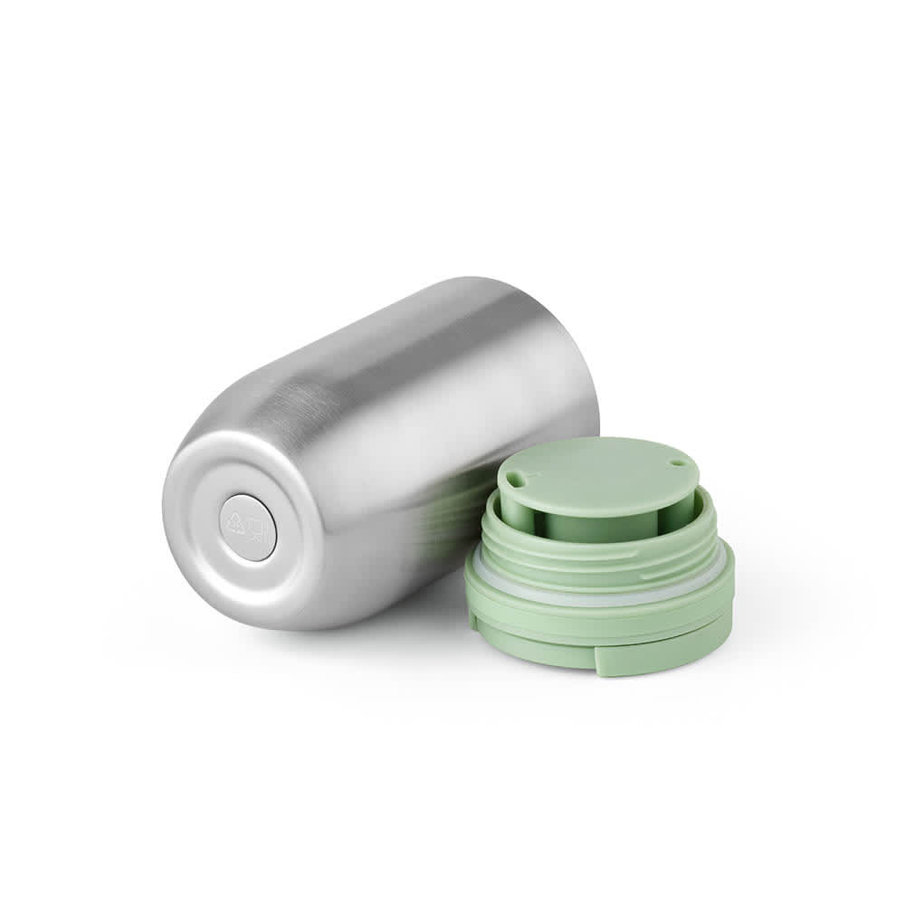 A drink bottle with a silver double-wall design and a green leakproof cap. Includes a logo on the bottle.