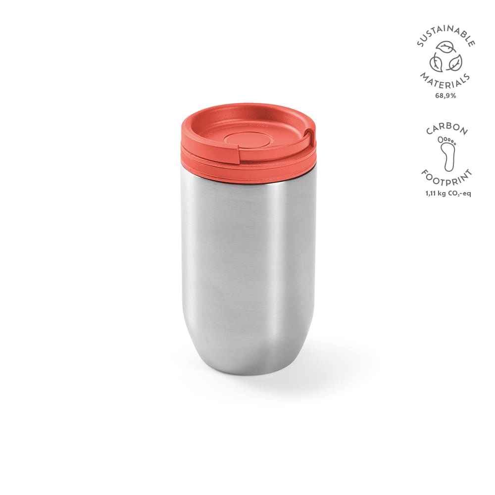 A drink bottle with a stainless steel body and a red lid, featuring a branding logo. Double wall and leakproof design.