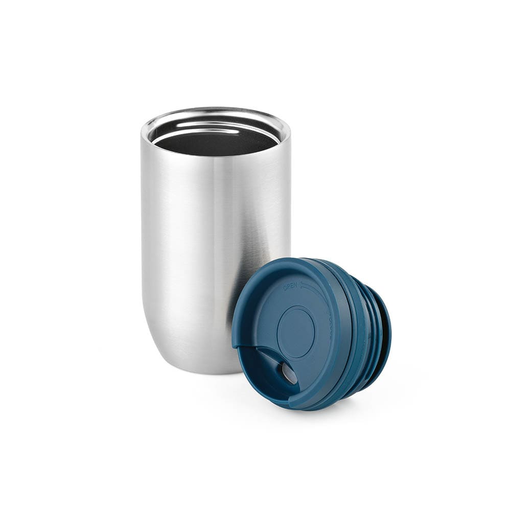 A drink bottle with a stainless steel body and a blue, leakproof lid. It features a double-wall design.