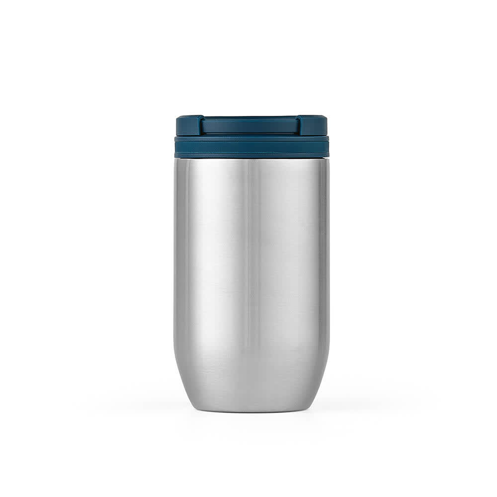 A drink bottle with a stainless steel body and a teal lid, featuring a double wall and leakproof design.
