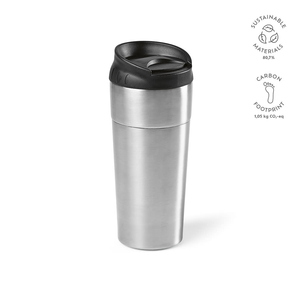 A drink bottle with a stainless steel body, black sliding lid, and a logo. Features double wall insulation.