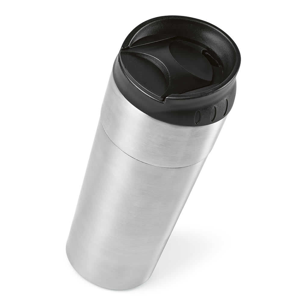A drink bottle featuring a stainless steel body, black sliding lid, and double wall insulation. It has a logo.