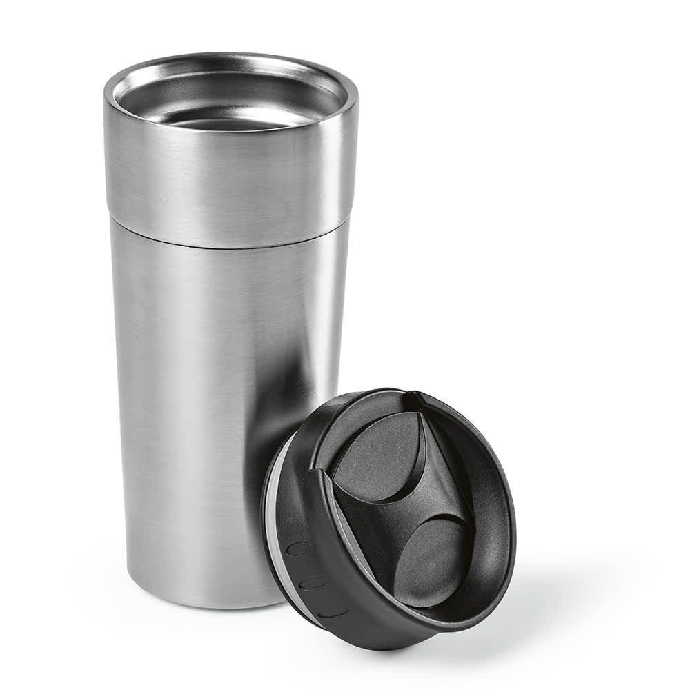 A drink bottle in stainless steel with a black sliding lid, featuring a sleek double-wall design.