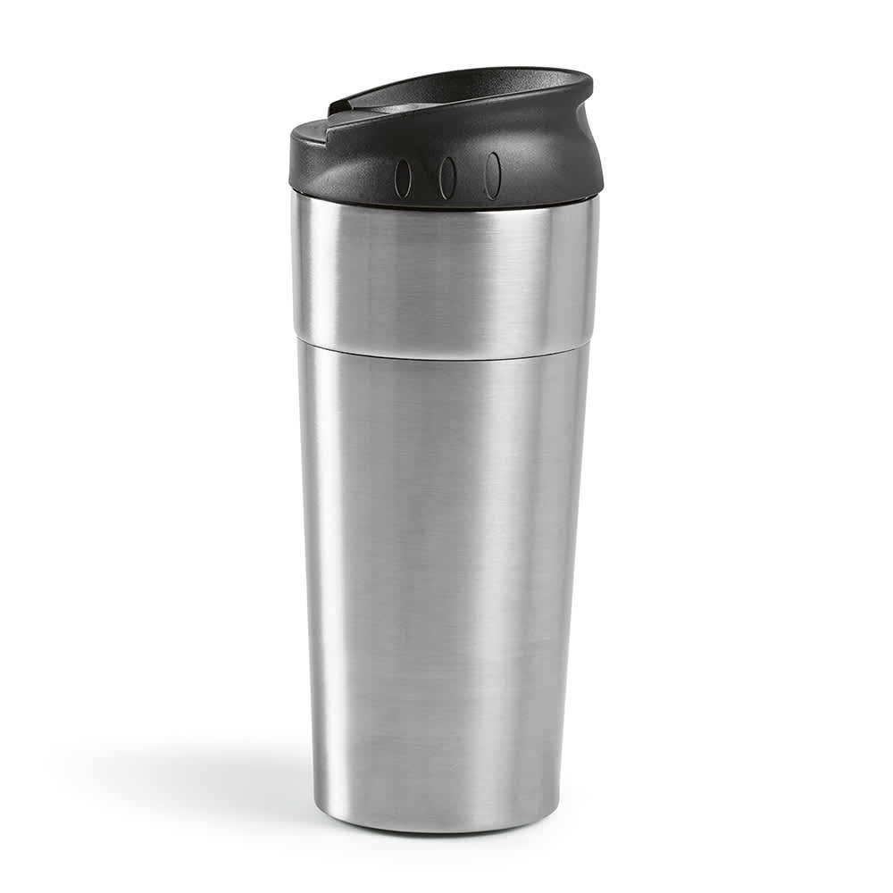 A drink bottle with a stainless steel body, black sliding lid, and double wall design for insulation.