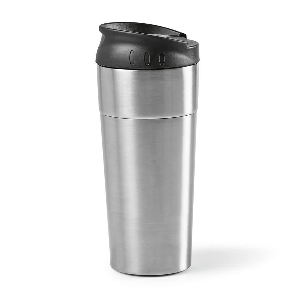 A drink bottle with a stainless steel exterior, black sliding lid, and double-wall insulation. It features a logo.