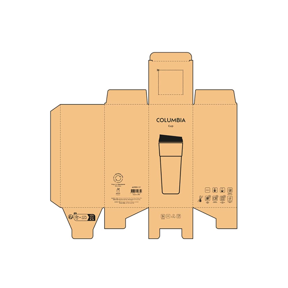 A drink bottle packaging featuring a brown design, with a sliding lid, for the Columbia Travel Cup 510ml.
