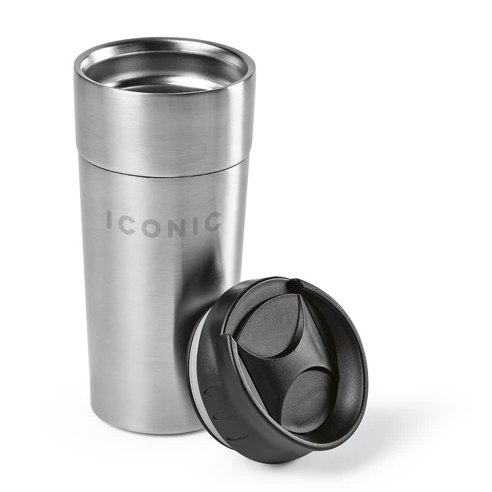 A drink bottle featuring a stainless steel exterior, double wall insulation, and a black sliding lid.