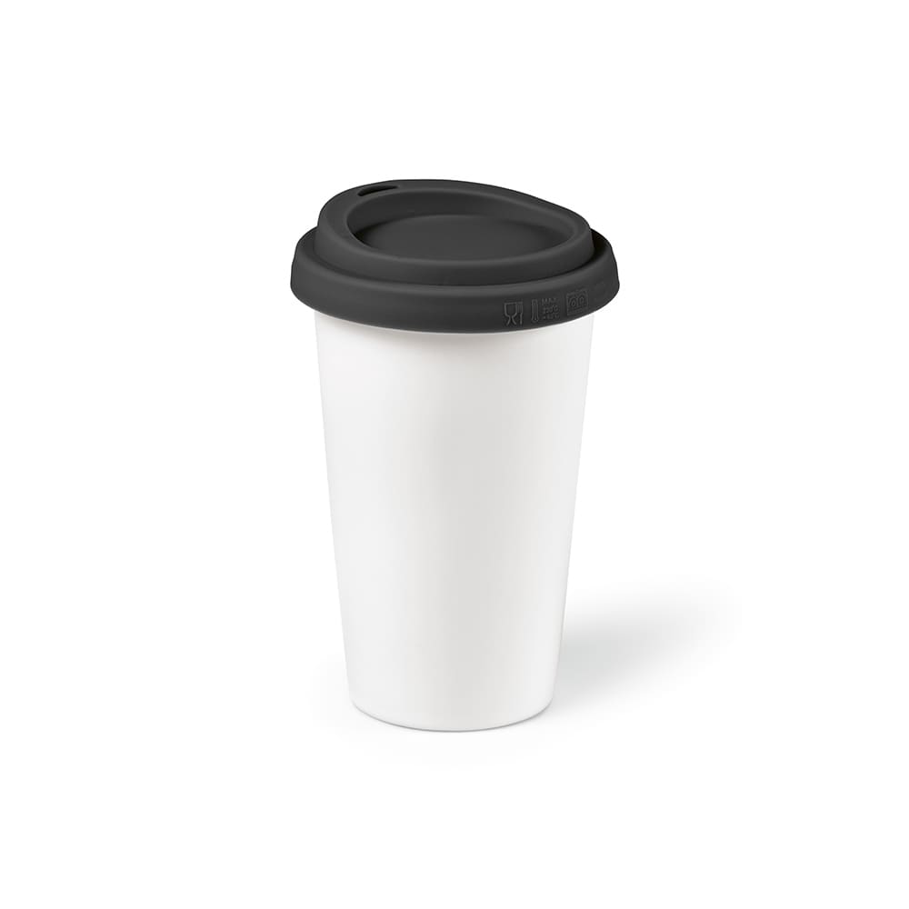 A drink bottle with a white ceramic body and a black coloured lid, featuring a logo. Double wall design.