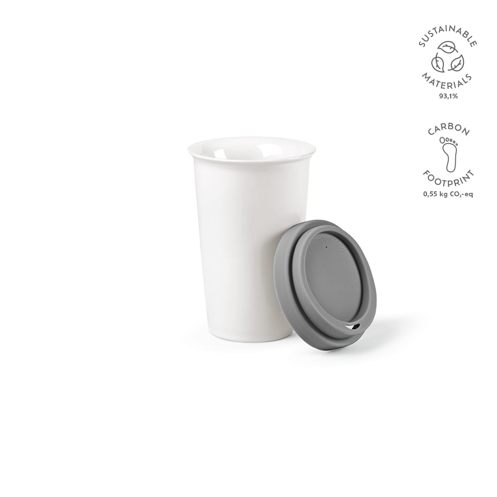 A drink bottle with a white ceramic body and a grey lid, featuring a logo and sustainable materials icons.