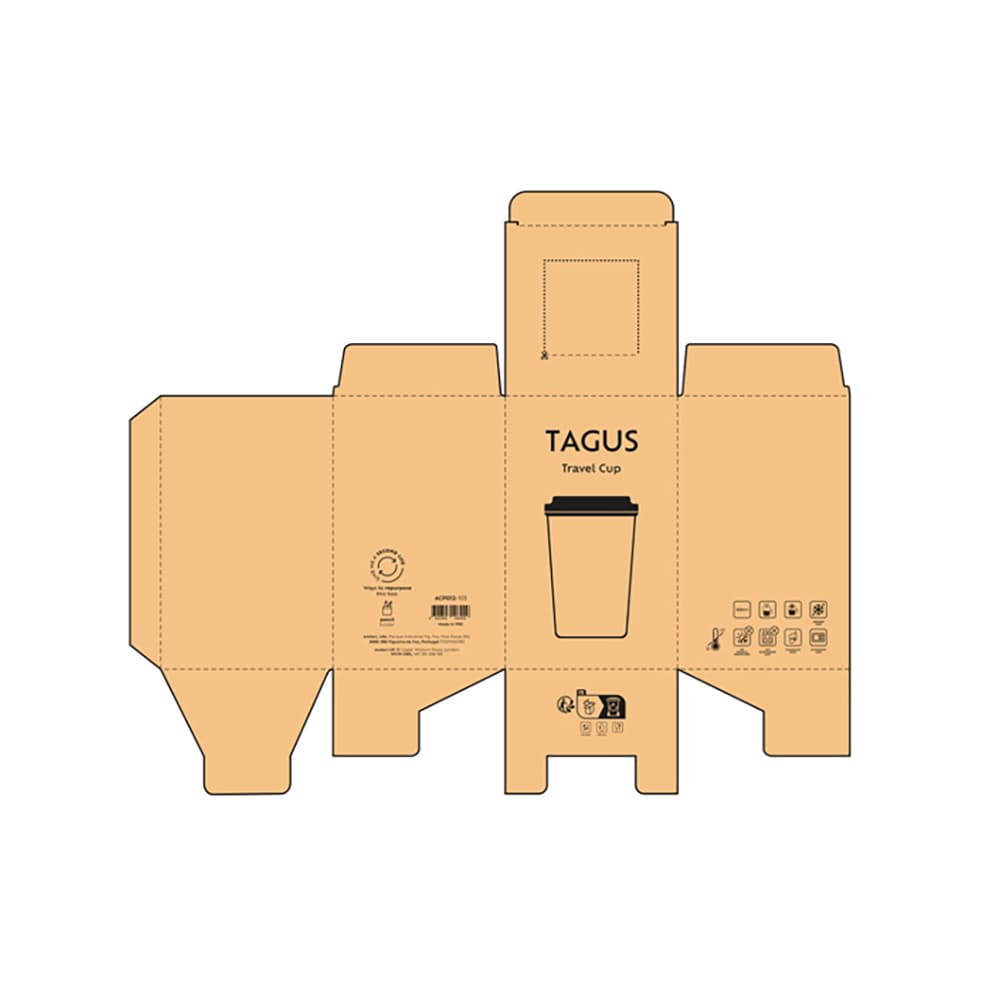 A packaging design for a Tagus Travel Cup, featuring a double wall and a coloured lid. The box is in a neutral tan colour.
