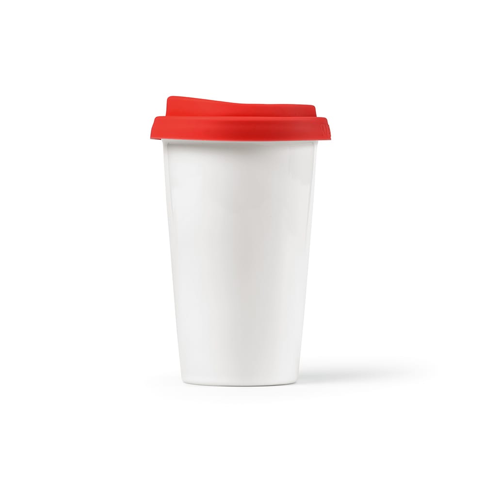 A drink bottle featuring a white ceramic body and a red coloured lid, with a double wall design.