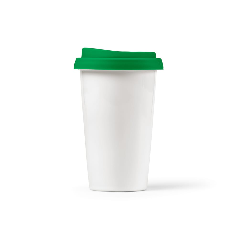 A drink bottle with a white ceramic body and a green coloured lid, featuring a double wall design.