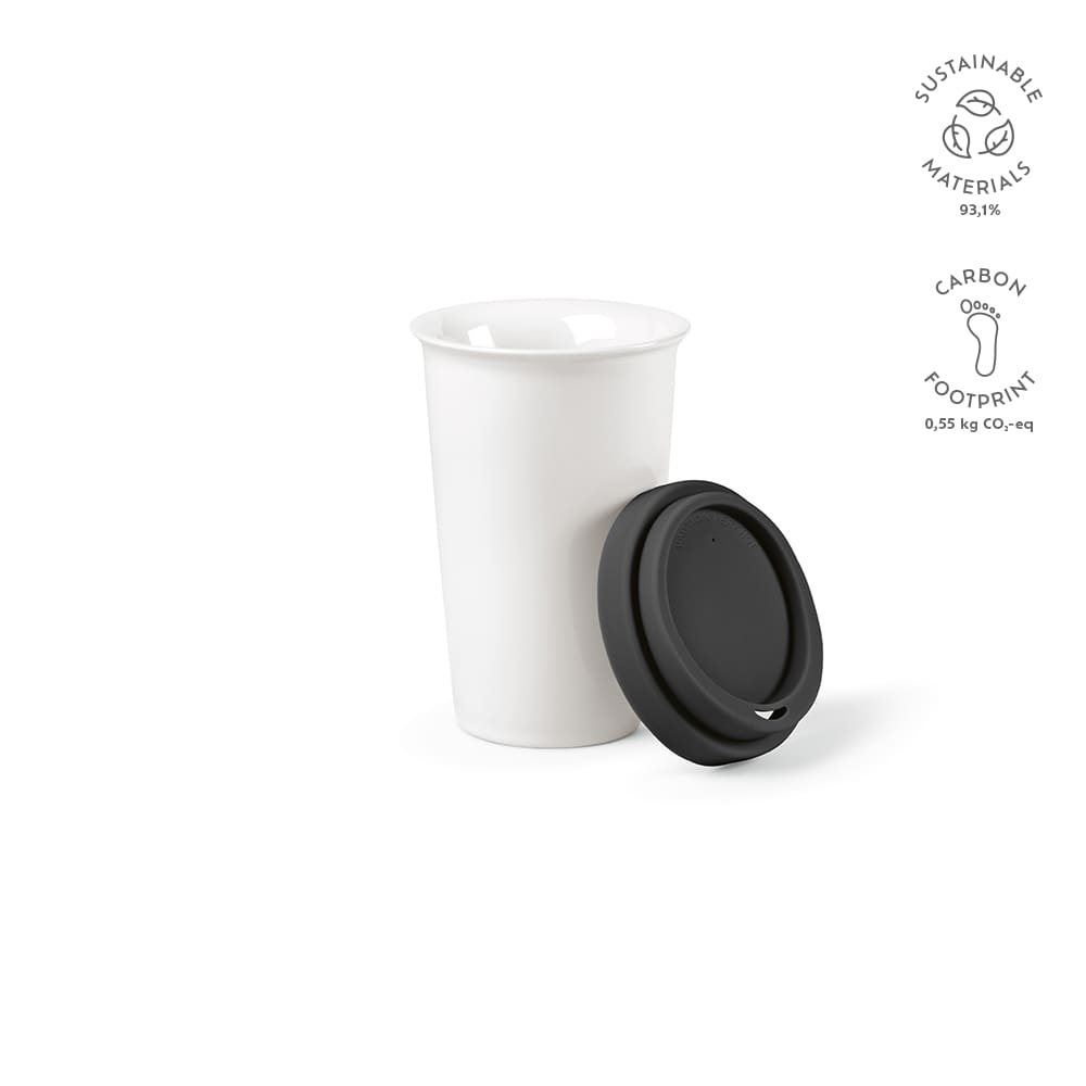 A drink bottle in white ceramic with a black lid, featuring a branded design and sustainable materials.