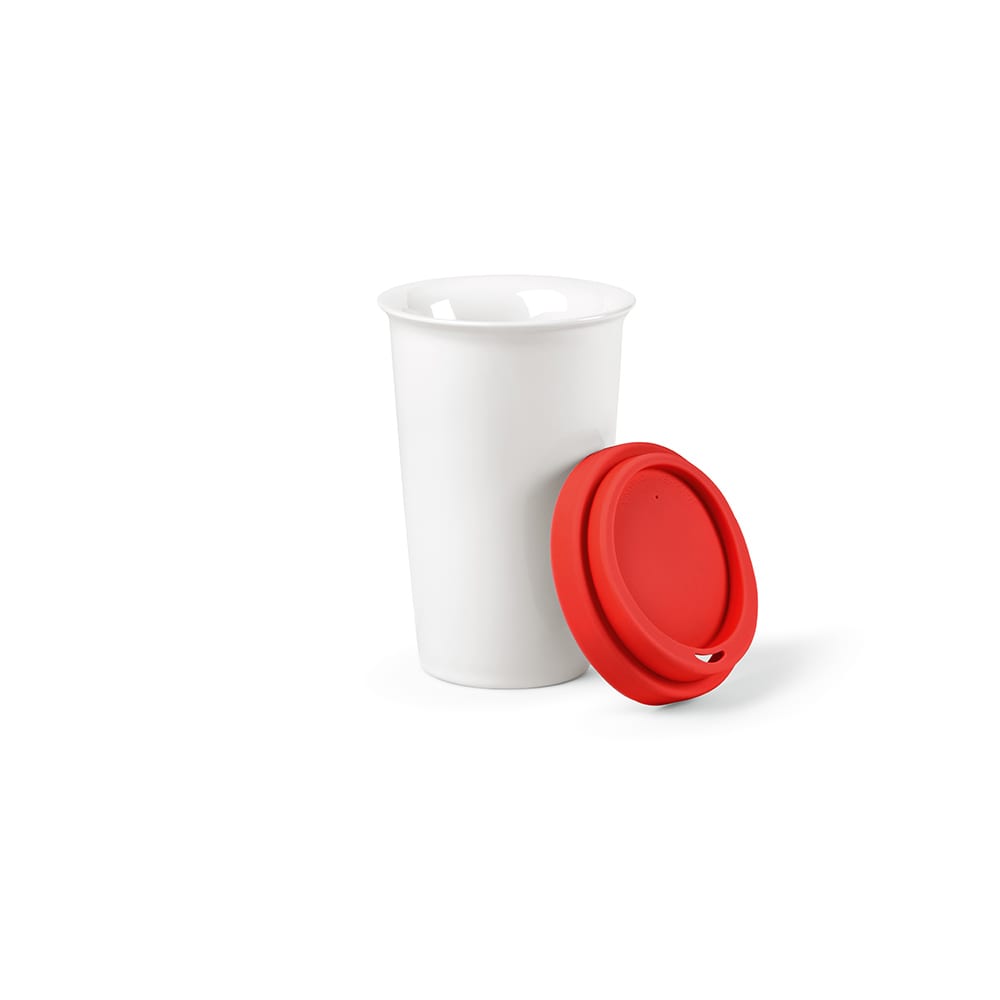 A drink bottle made of white ceramic with a red silicone lid, featuring a logo on the side.