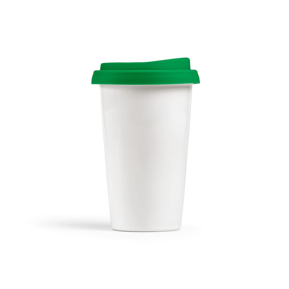 A drink bottle in white ceramic with a green lid, featuring a double wall for insulation. It has a logo.