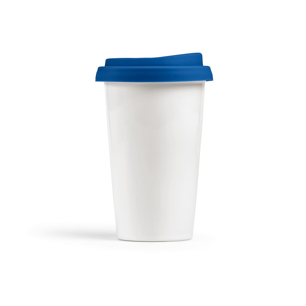 A drink bottle with a white ceramic body and a blue coloured lid, featuring a logo.