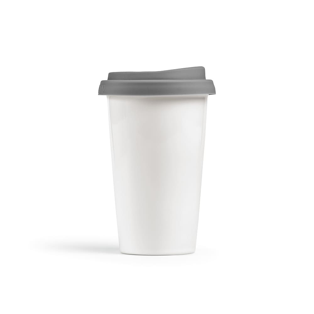A drink bottle featuring a white ceramic body and a grey double-wall lid, ideal for travel.