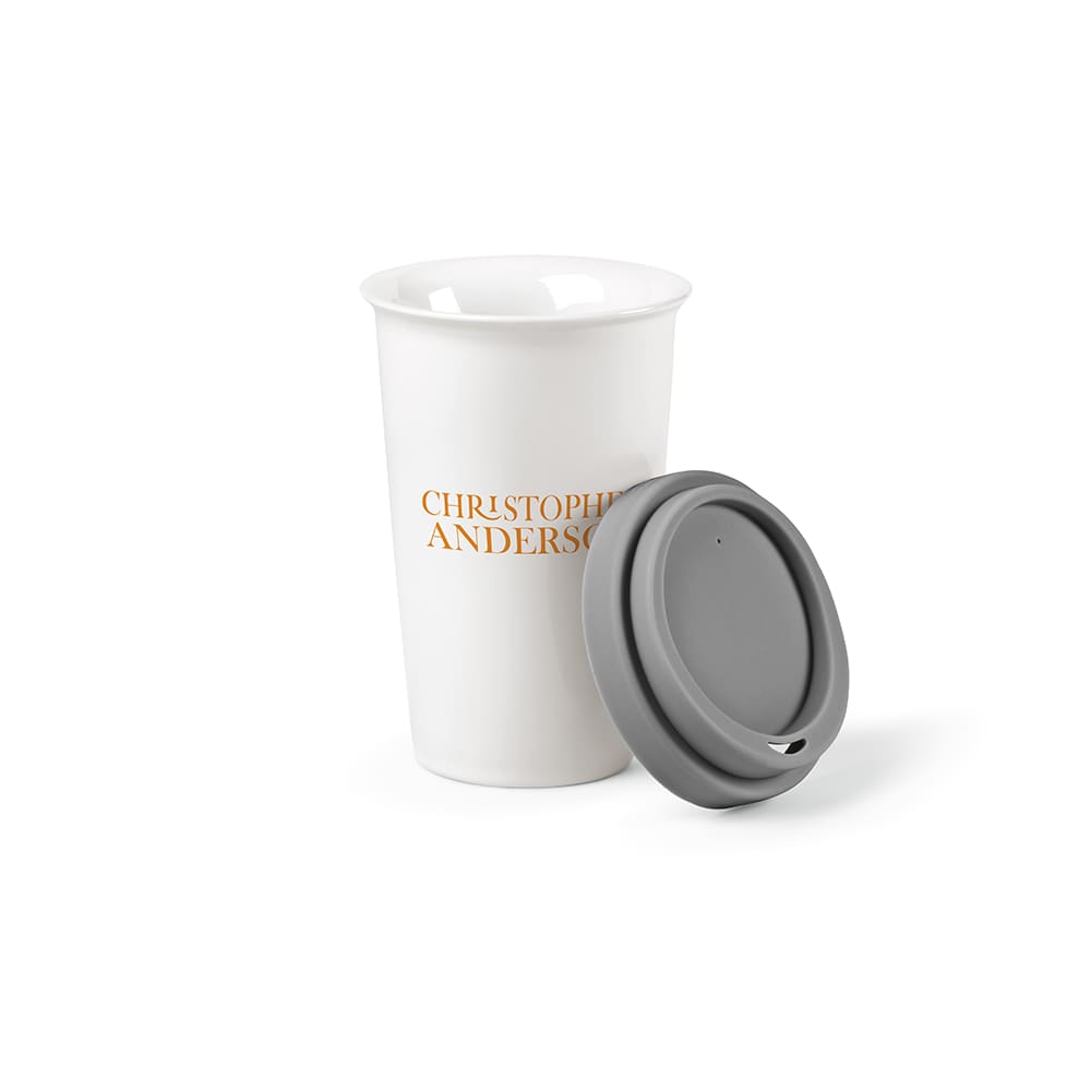 A drink bottle with a white ceramic body and a grey silicone lid, featuring a logo on the side.