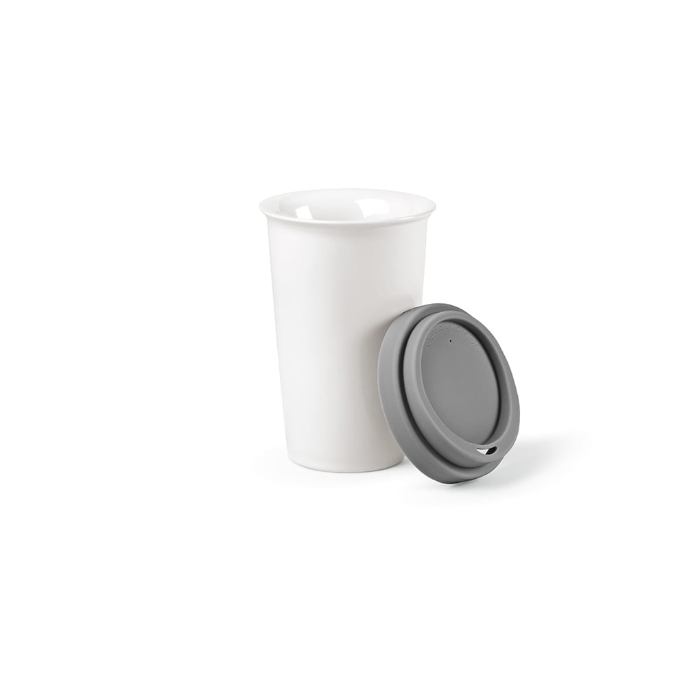 A drink bottle featuring a white ceramic body and a grey silicone lid, with a double wall design.
