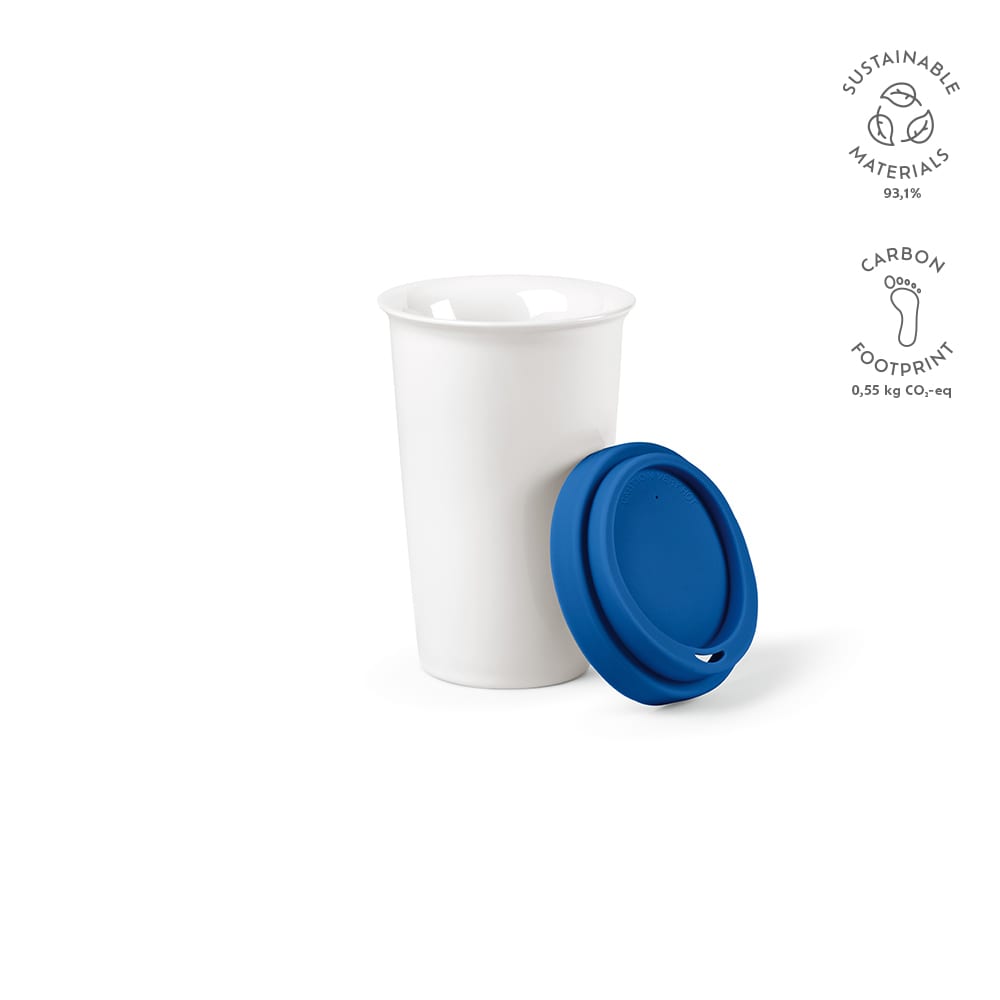 A drink bottle featuring a white ceramic body and a blue coloured lid, with a double wall design. Includes branding.