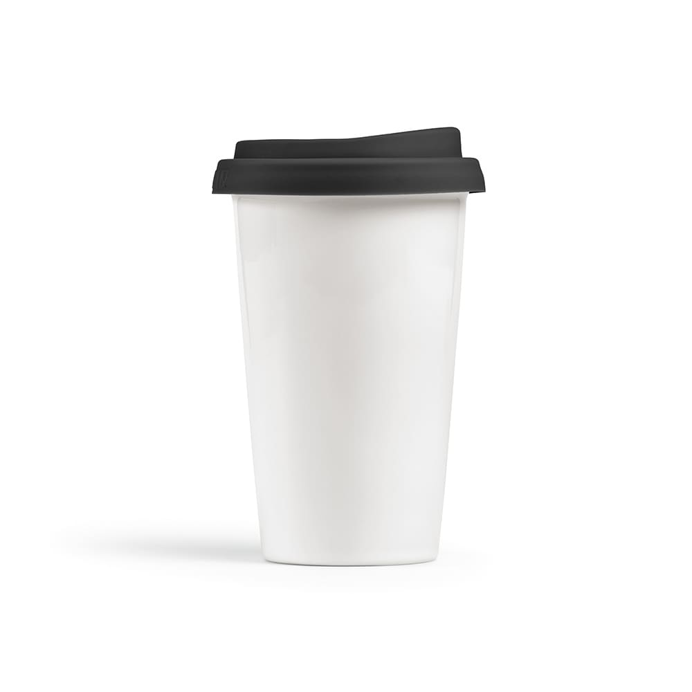 A drink bottle featuring a white ceramic design with a black coloured lid and a double wall for insulation.