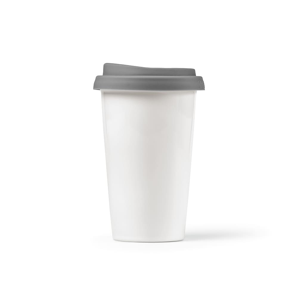 A drink bottle featuring a white ceramic body and a grey coloured lid, with a double wall design.