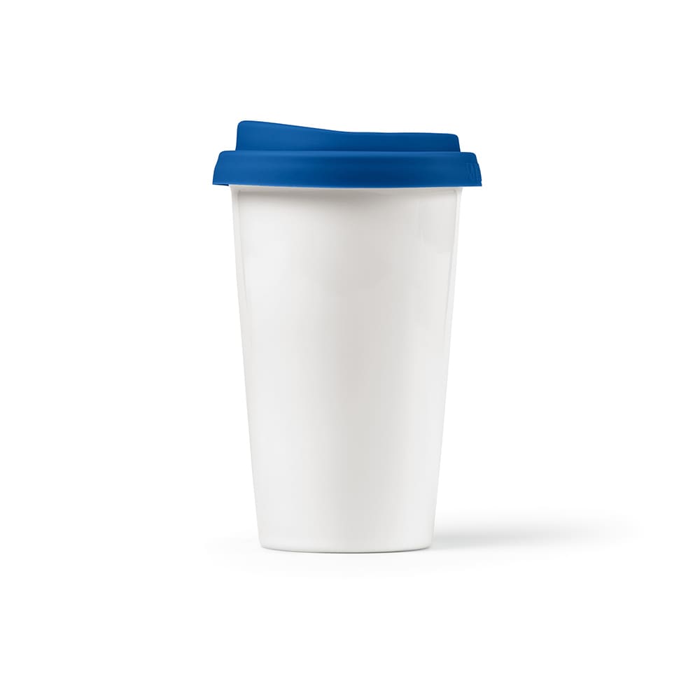 A drink bottle featuring a white ceramic body and a blue coloured lid. It has a double wall design and includes branding.