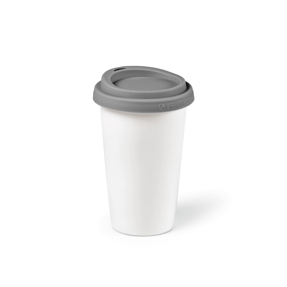 A drink bottle featuring a white ceramic body and a grey coloured lid, designed with a double wall for insulation.