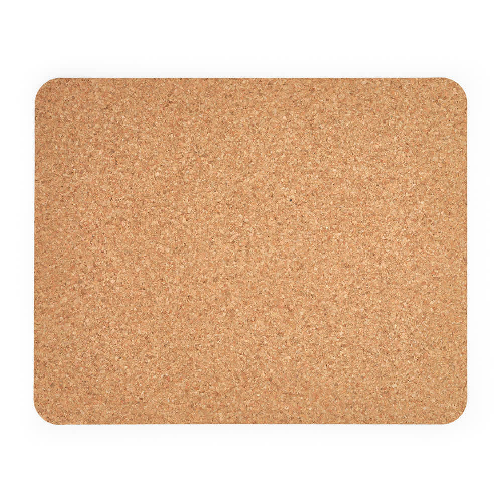 A cork desk mat in a natural, light brown hue with a smooth texture and rounded corners. Features a logo.