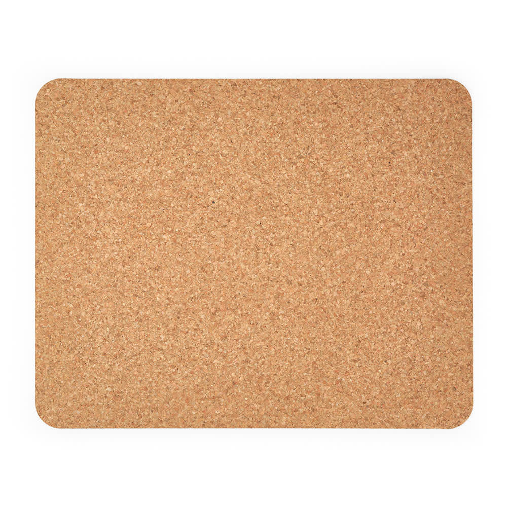 A rectangular cork desk mat in a natural tan colour with rounded corners. Features a logo in the corner.