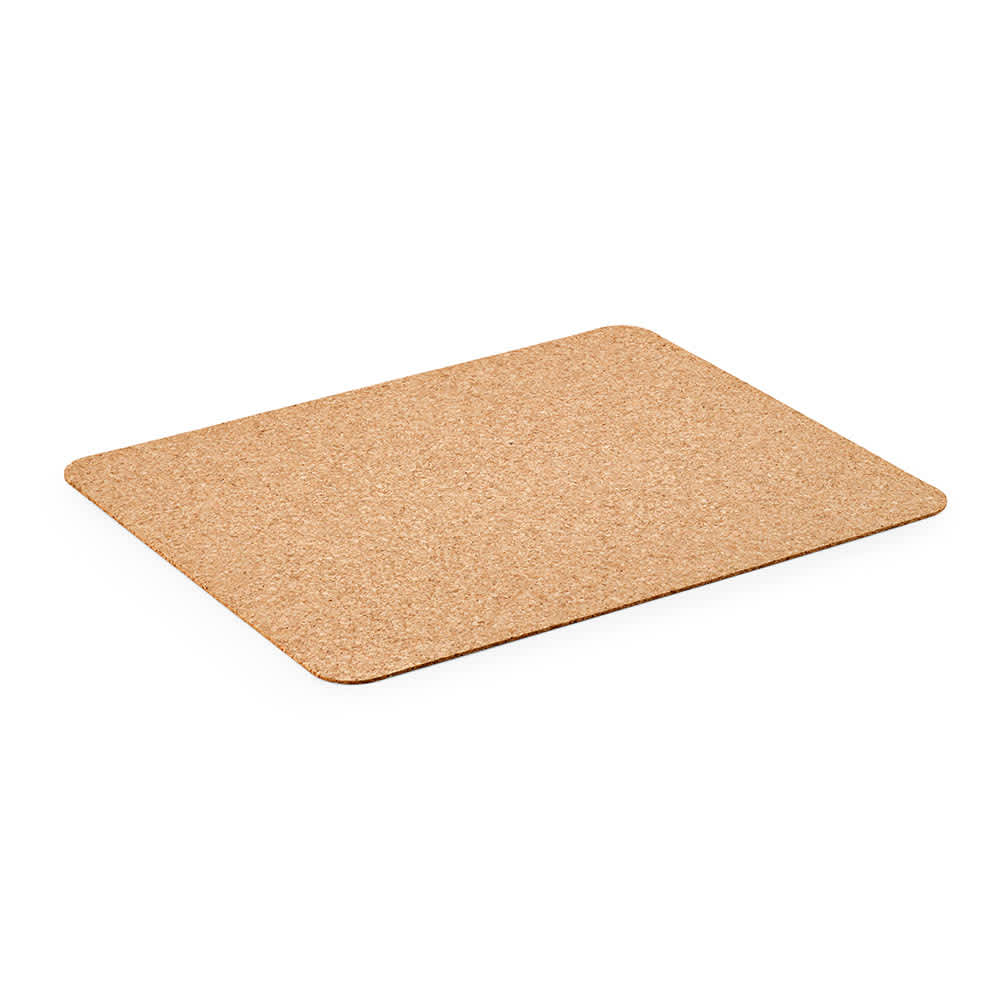 A cork desk mat in a natural brown colour, featuring a smooth, rectangular surface with rounded edges.