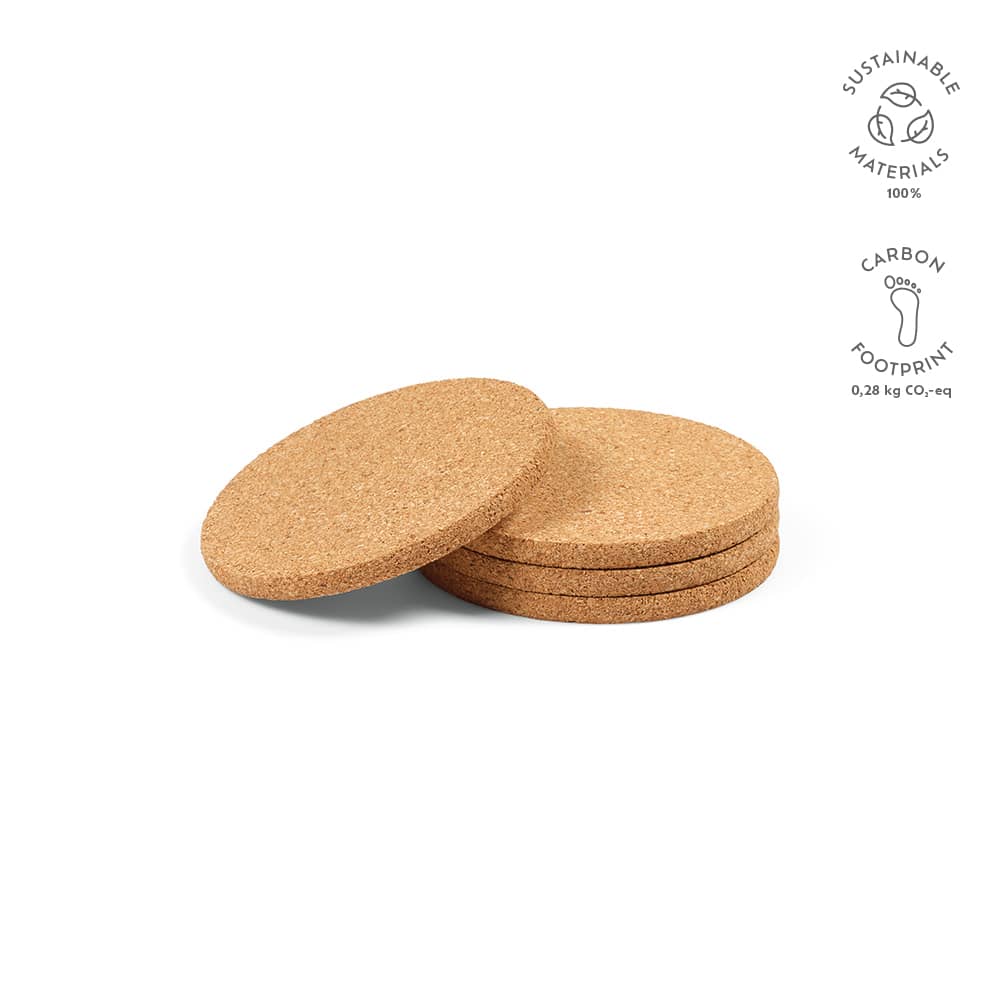 A set of four round cork coasters with a natural finish and a logo indicating sustainable materials.